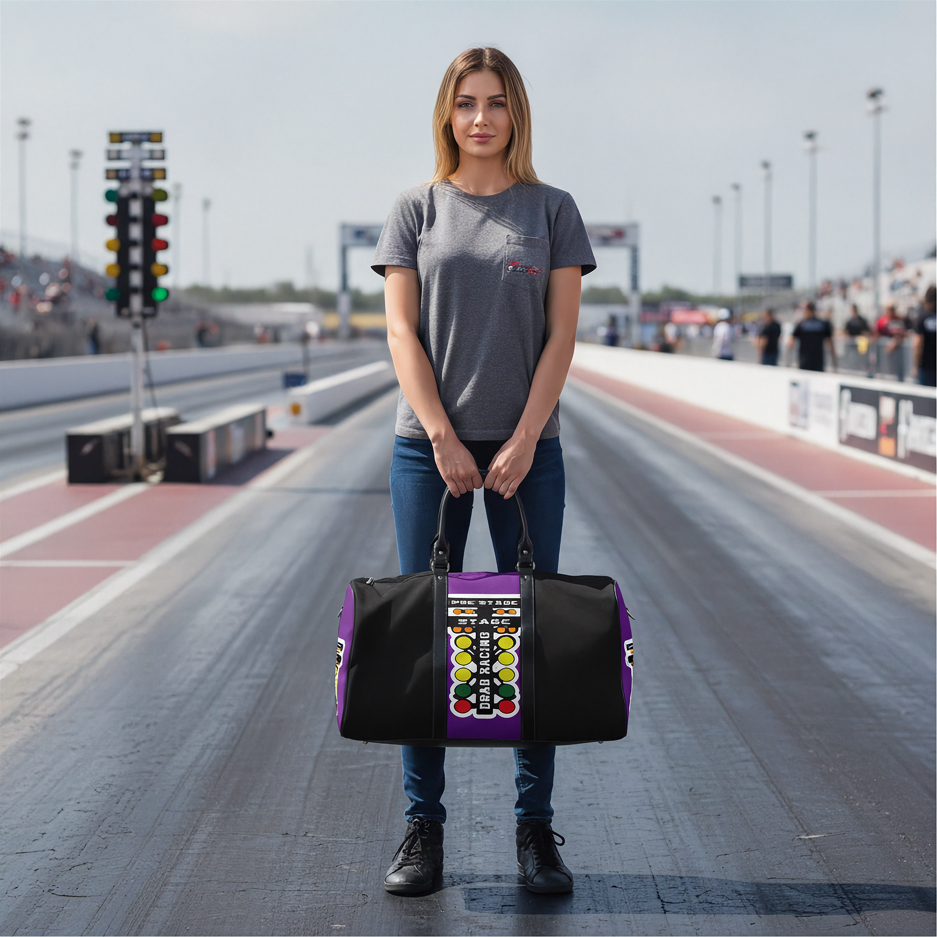 A woman stands on a racetrack holding a black duffel bag with purple side panels and a colorful drag racing tree graphic on the front.