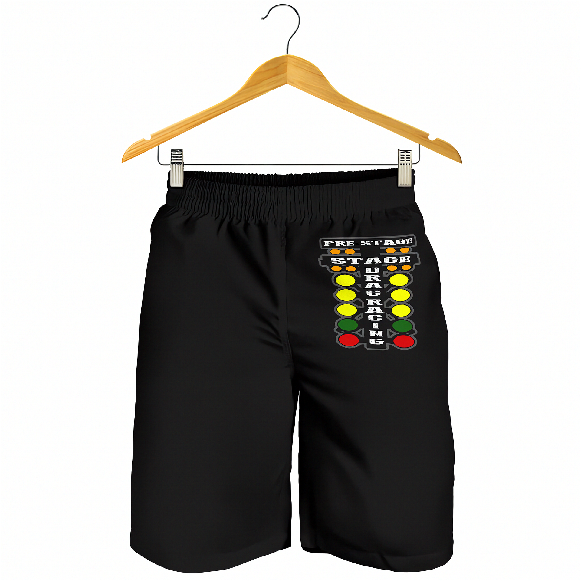Black athletic shorts with a colorful 'PRE STAGE STAGE' traffic light graphic on the left leg, hanging from a wooden hanger against a white background.