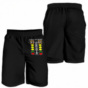 Black athletic shorts shown from the front and back on a white background. The front shorts feature a graphic print of a stage lighting panel with yellow, green, and red lights and the text 'PRE-STAGE STAGE'.