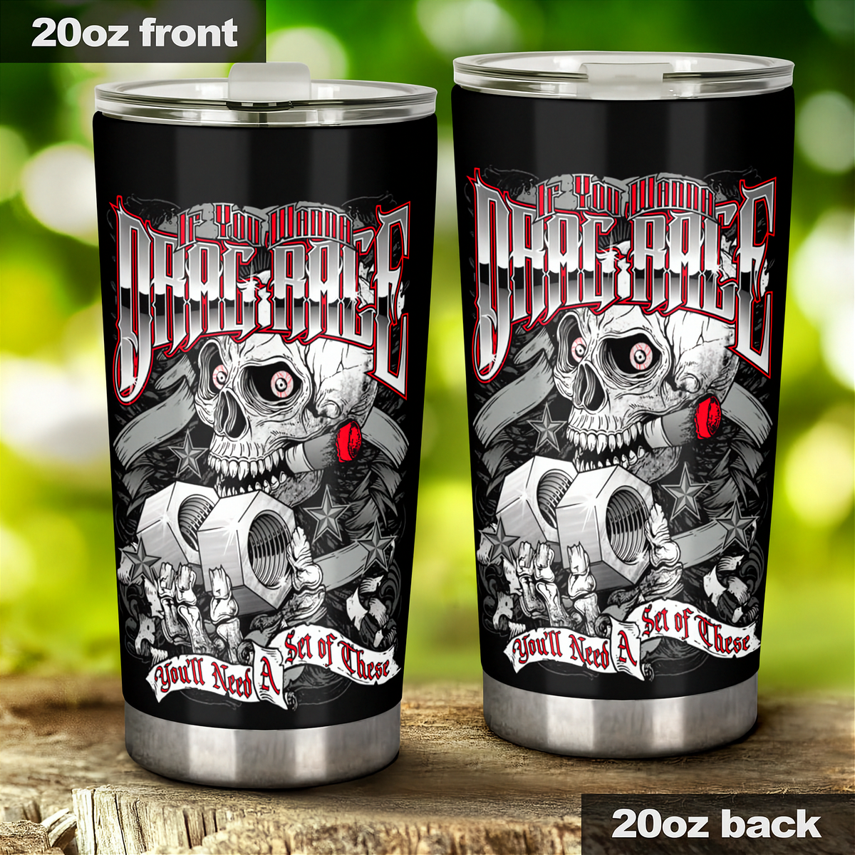 Two 20oz black insulated tumbler cups shown side by side on a wooden surface with a blurred green outdoor background. The left cup shows the front design, and the right cup shows the back design.