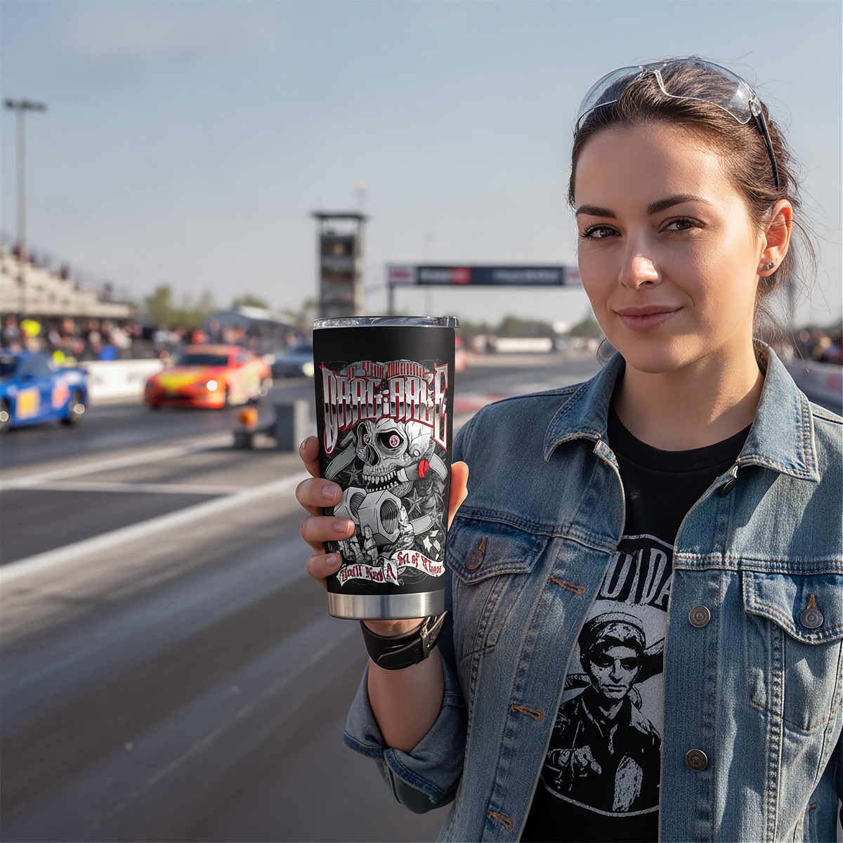 A woman at a racetrack holds up a black insulated tumbler with a graphic design that reads 'If You Wanna To Drag Race You'll Need A Set of These'. She is wearing a denim jacket over a black graphic t-shirt.