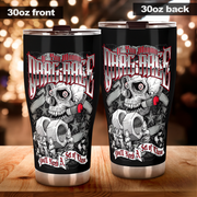Two 30oz stainless steel travel tumblers shown side by side on a wooden surface, labeled '30oz front' and '30oz back' at the top. The tumblers are black with a large skull-and-gear graphic in white, gray, and red, featuring the text 'If You Wanna To Drag Race You'll Need A Set of These'.