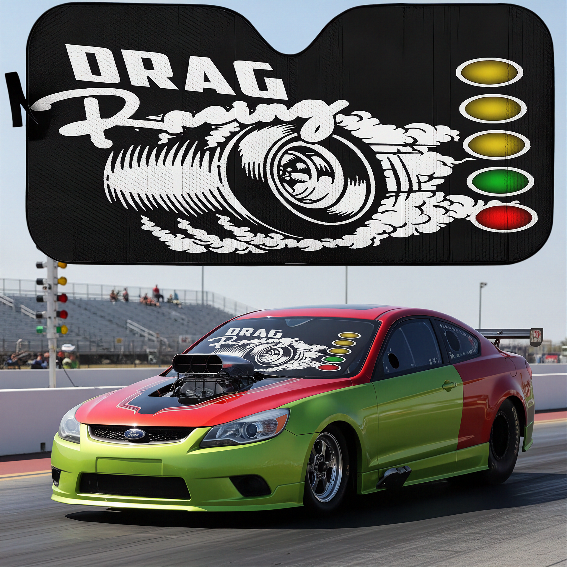 Car with drag racing-themed sunshade on a race track background