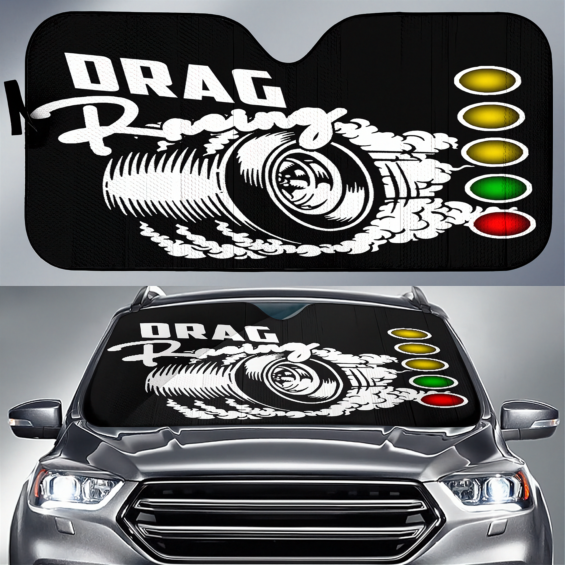 Car sunshade with drag racing design on a vehicle