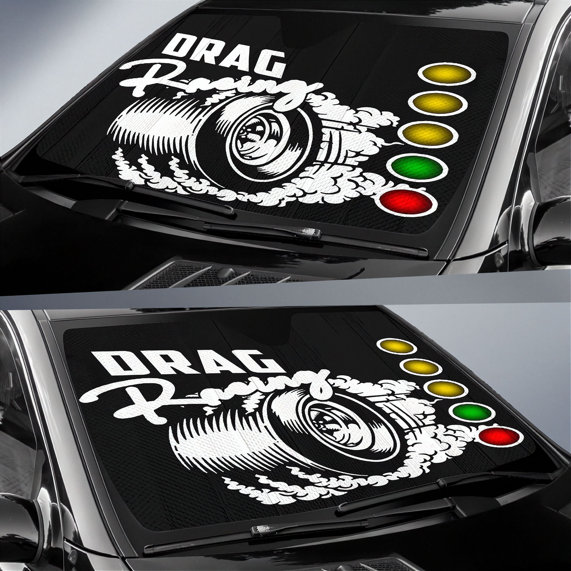 Car sun visor with drag racing design featuring a turbocharger and traffic lights.