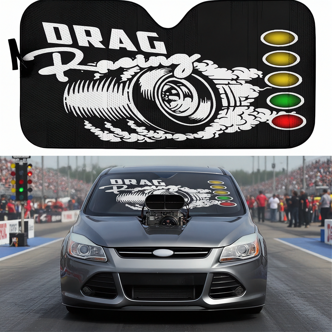Car sunshade with 'Drag Racing' design on a car window, with a race track scene in the background.