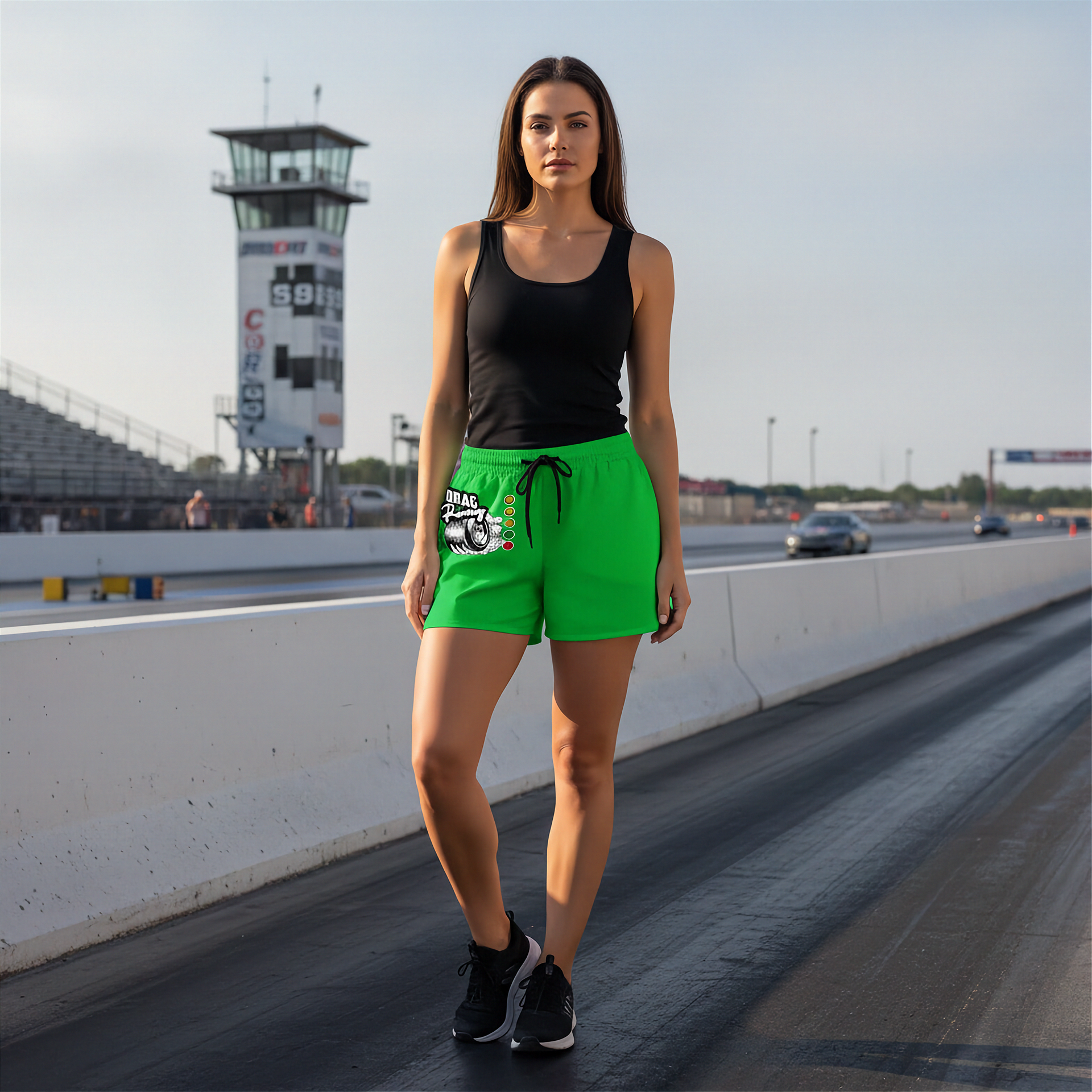 A woman stands on a racetrack wearing bright green athletic shorts with a white and black graphic print on the left leg, paired with a black tank top and black sneakers. The racetrack, track tower, and grandstands are visible in the background.