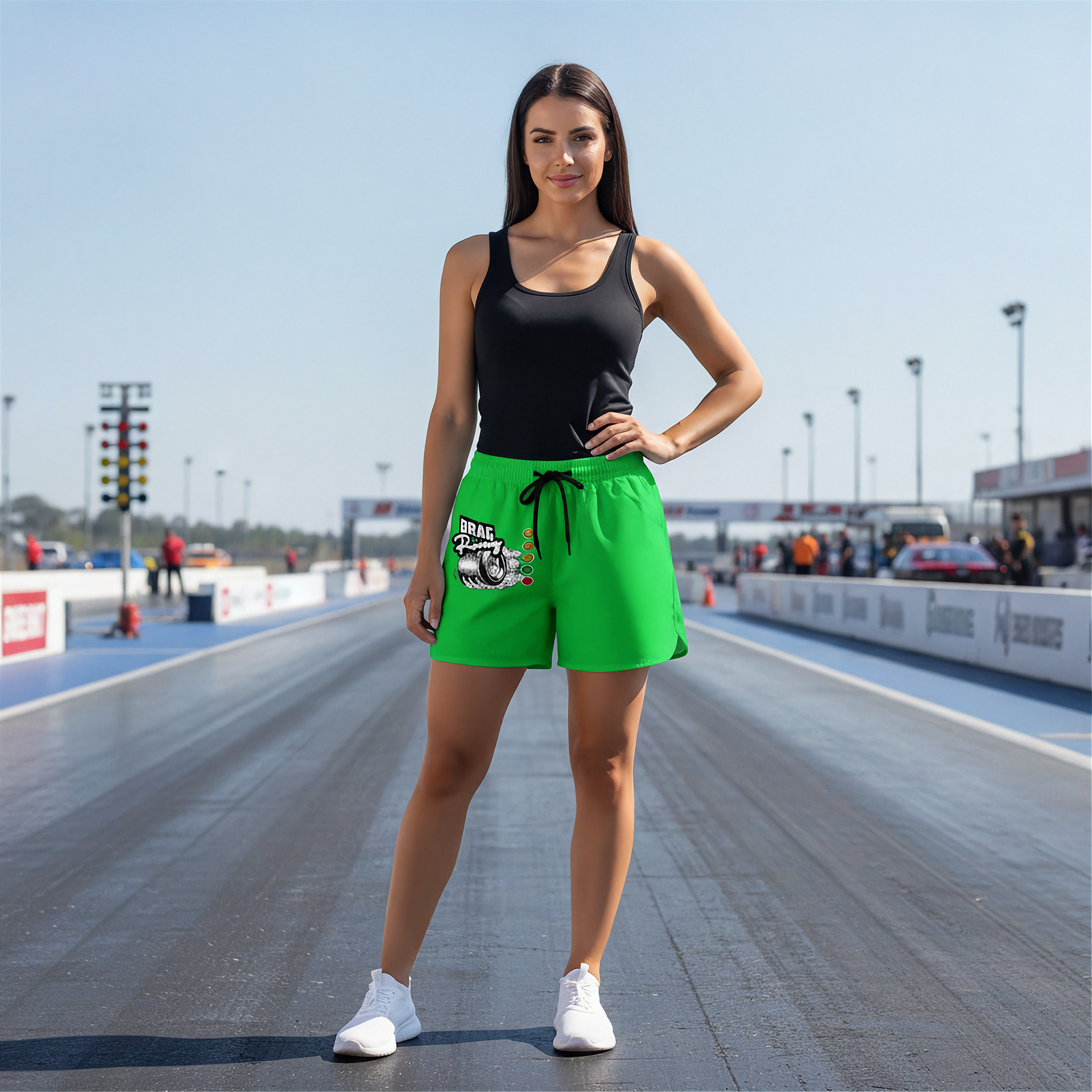 A woman stands on a drag strip wearing bright green athletic shorts with a black drawstring and a graphic print on the left leg, paired with a black tank top and white sneakers.