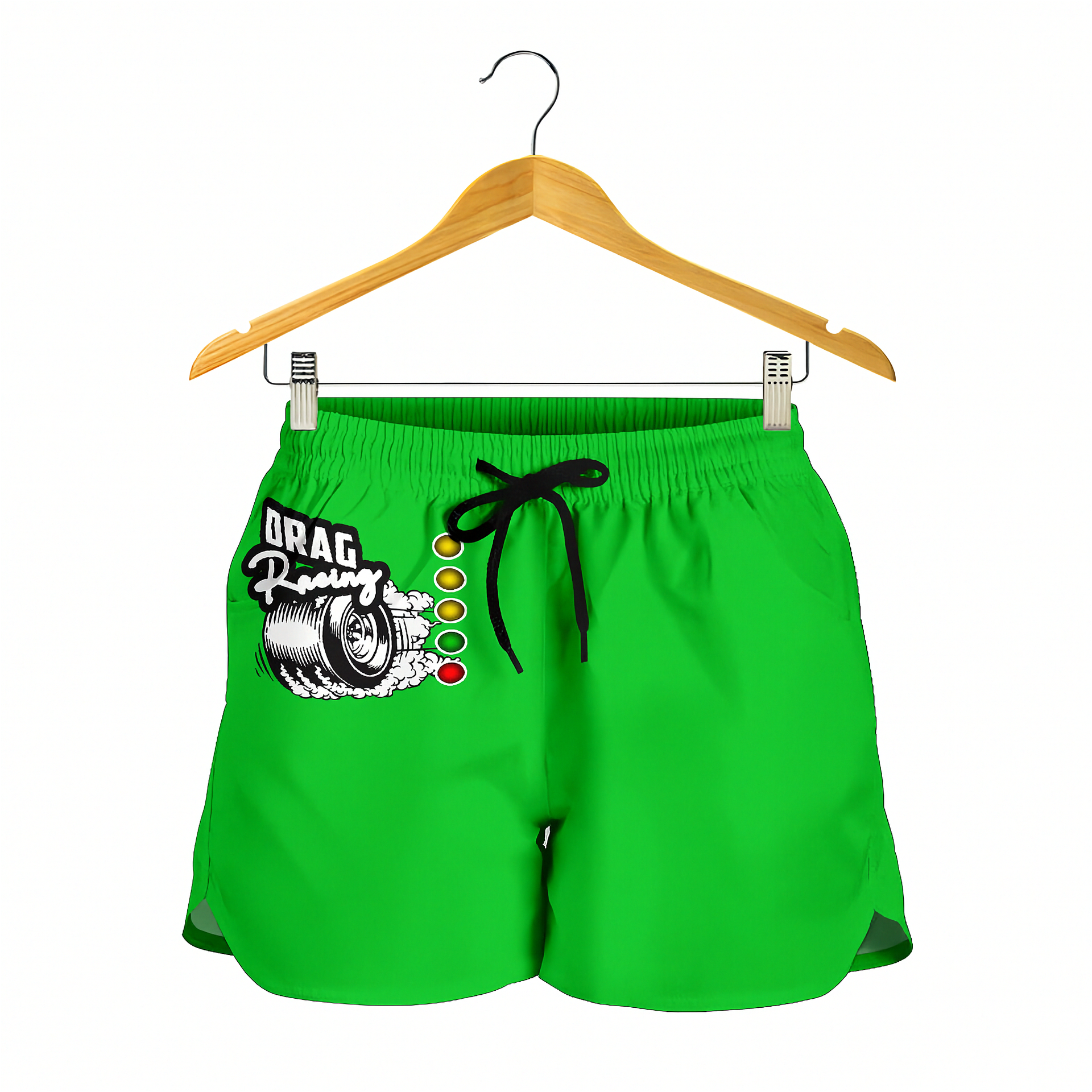 Bright green athletic shorts with a black drawstring and a 'Drag Racing' graphic on the left leg, hanging from a wooden hanger against a white background.