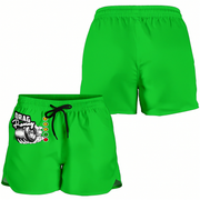 Bright green athletic shorts shown from both front and back angles on a plain white background. The front view shows an elastic waistband with a black drawstring and a graphic print on the left side featuring the text 'DRAG Racing' and a tire illustration.