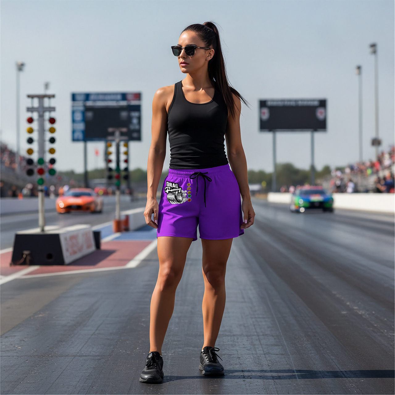 A woman stands on a drag racing track wearing a black tank top and bright purple athletic shorts with a white and black graphic logo on the left leg. The background shows raceway signage, track barriers, and racing cars in the distance under a clear sky.