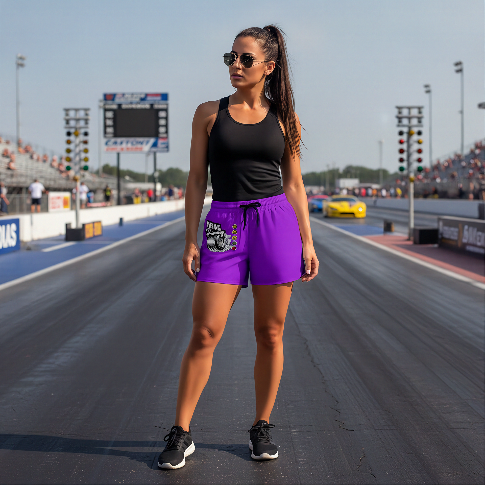 A woman stands on a drag racing track wearing a black tank top and bright purple athletic shorts with a graphic print on the left leg. The background shows the racetrack, track lights, and grandstands under a clear sky.