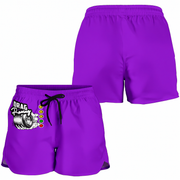 Purple athletic shorts shown from the front and back on a white background. The front view features a black drawstring waist and a graphic on the left leg depicting a tire with the text 'DRAG Racing' and a vertical color wheel.