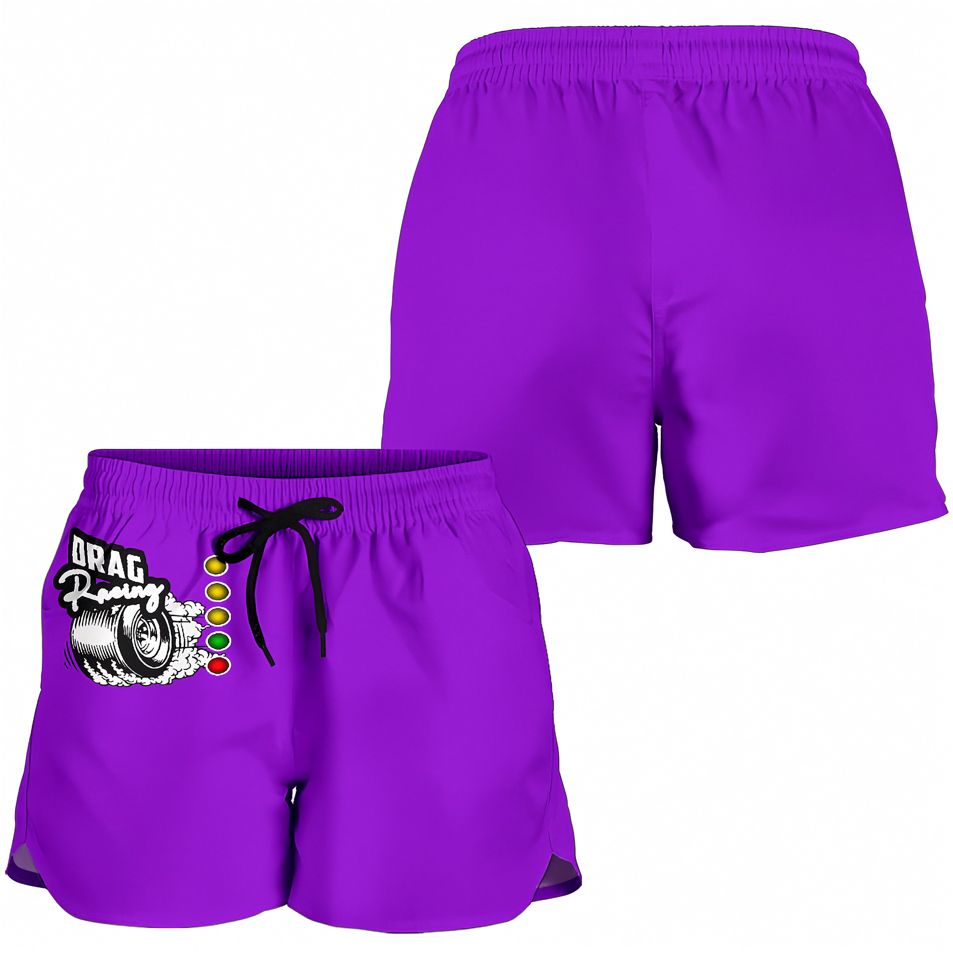 Purple athletic shorts shown from the front and back on a white background. The front view features a black drawstring waist and a graphic on the left leg depicting a tire with the text 'DRAG Racing' and a vertical color wheel.