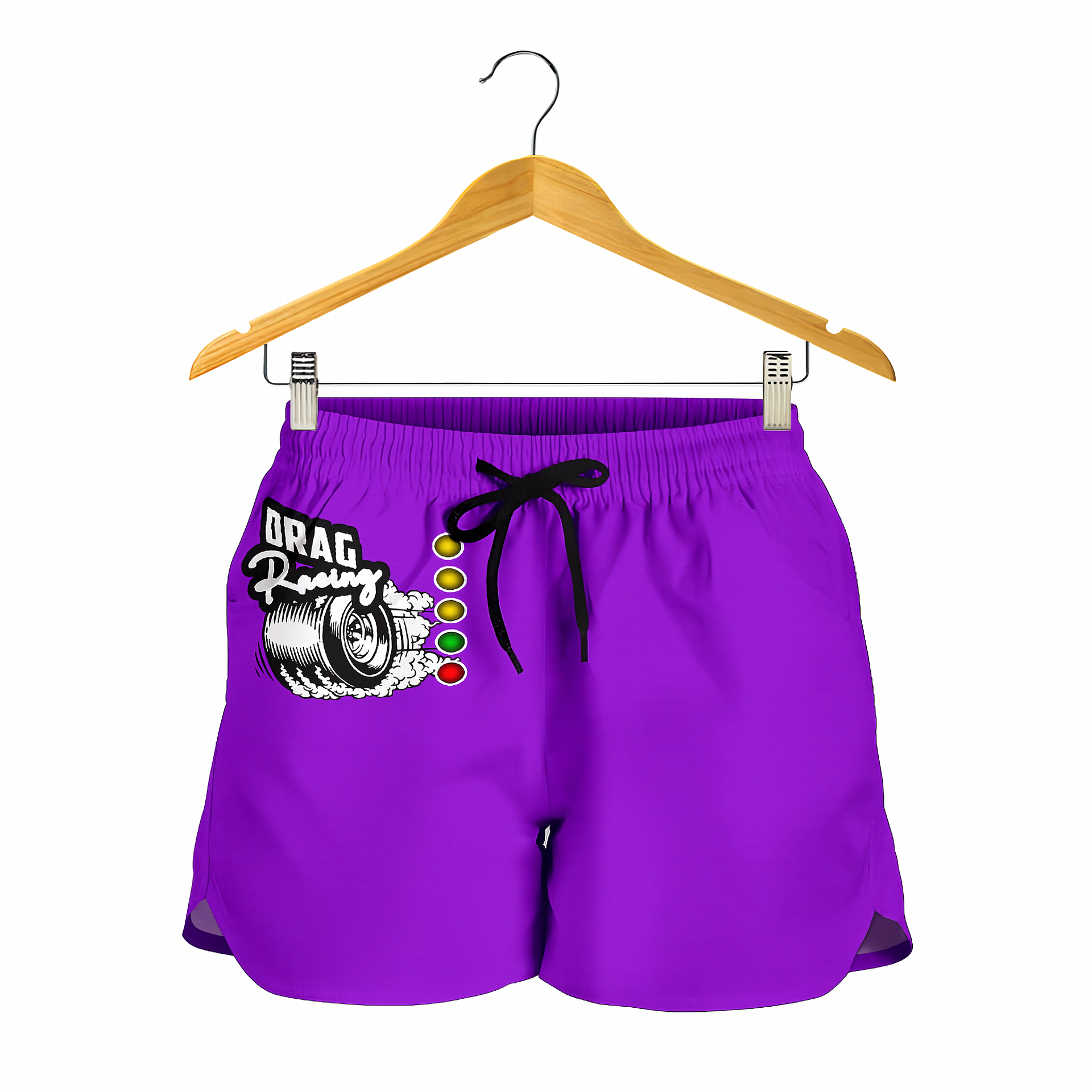 Purple athletic shorts with a black drawstring and a 'Drag Racing' graphic, hanging from a wooden hanger against a white background.