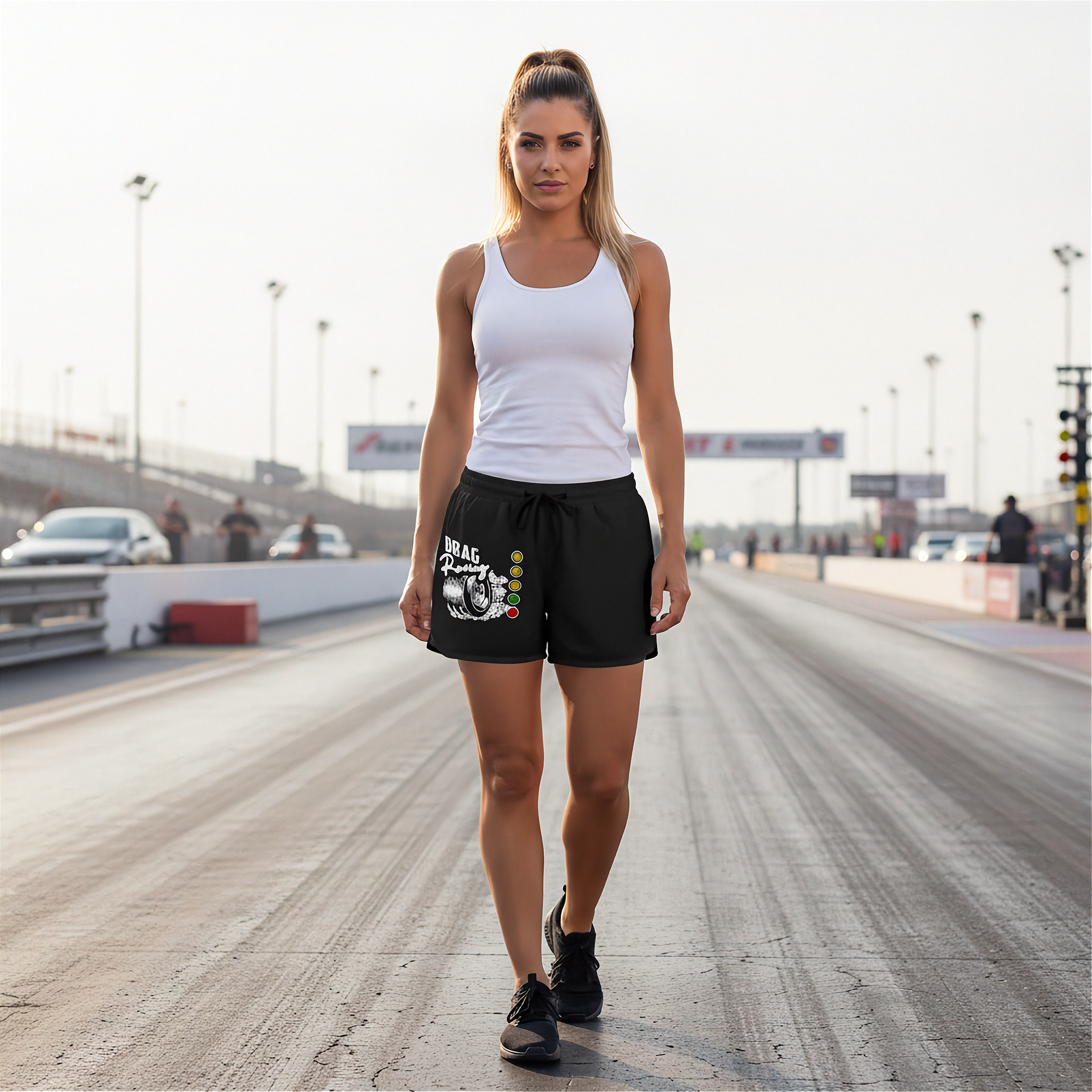 A woman walking on a racetrack wearing black athletic shorts with a white graphic print, a white tank top, and black sneakers.