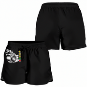 Black athletic shorts shown from two angles on a white background. The front view shows a white and black graphic with the word 'DRAG' and a tire illustration, plus a vertical row of yellow, orange, green, and red light-like icons.