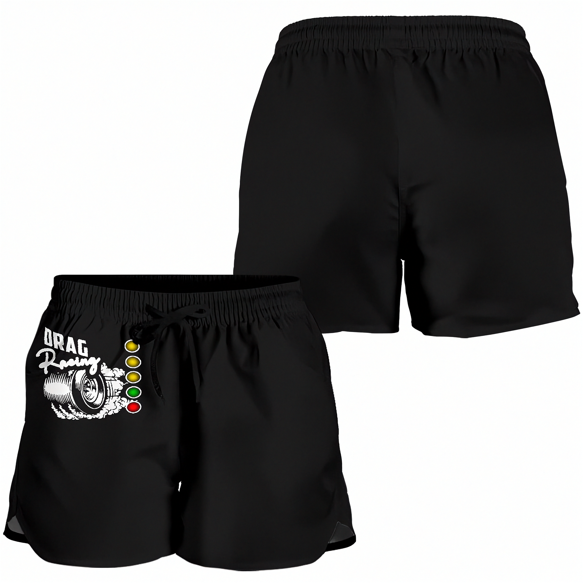 Black athletic shorts shown from two angles on a white background. The front view shows a white and black graphic with the word 'DRAG' and a tire illustration, plus a vertical row of yellow, orange, green, and red light-like icons.