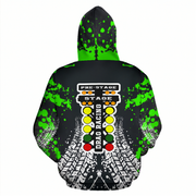 A black hoodie shown from the back, featuring a neon green paint splatter pattern on the hood and sleeves, a large drag racing light bar graphic in the center, and white tire tracks near the lower back, set against a plain white background.