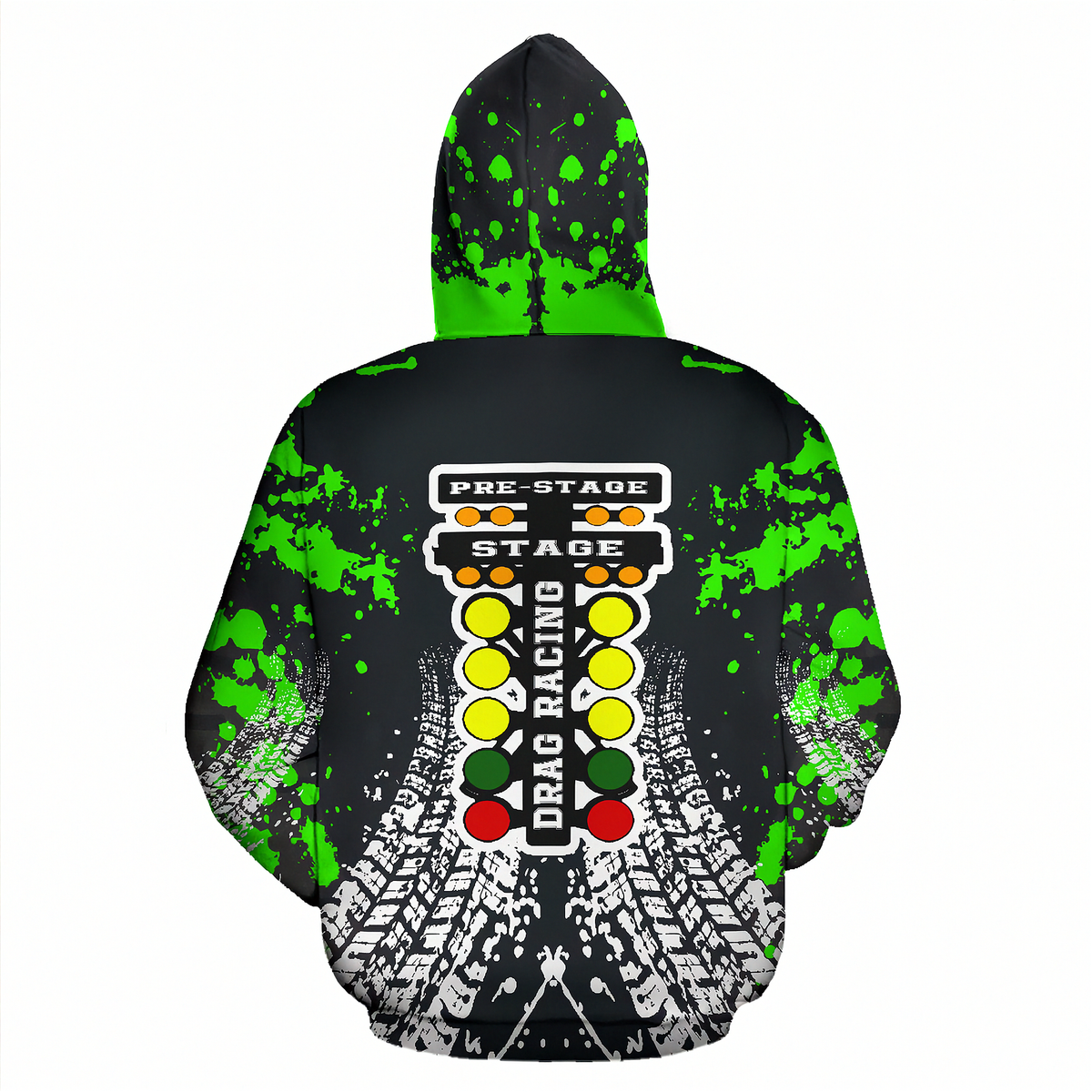 A black hoodie shown from the back, featuring a neon green paint splatter pattern on the hood and sleeves, a large drag racing light bar graphic in the center, and white tire tracks near the lower back, set against a plain white background.