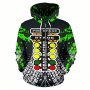 A black pullover hoodie with a neon green paint splatter pattern and a detailed drag racing light bar graphic on the front, featuring white drawstrings and a white graphic print at the hem.