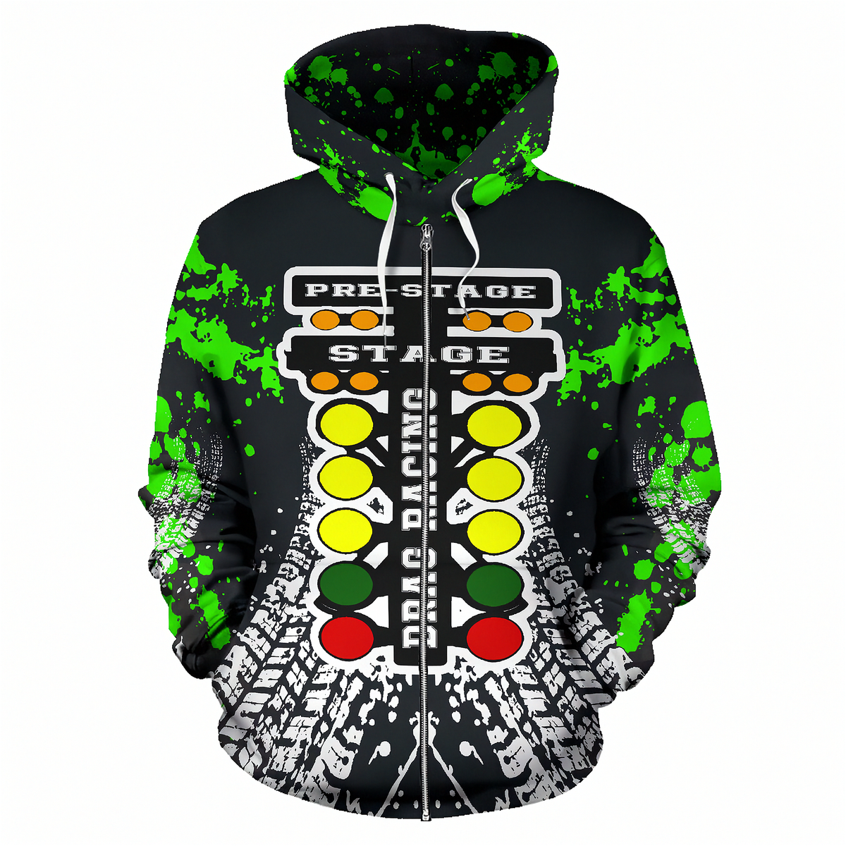 A black pullover hoodie with a neon green paint splatter pattern and a detailed drag racing light bar graphic on the front, featuring white drawstrings and a white graphic print at the hem.