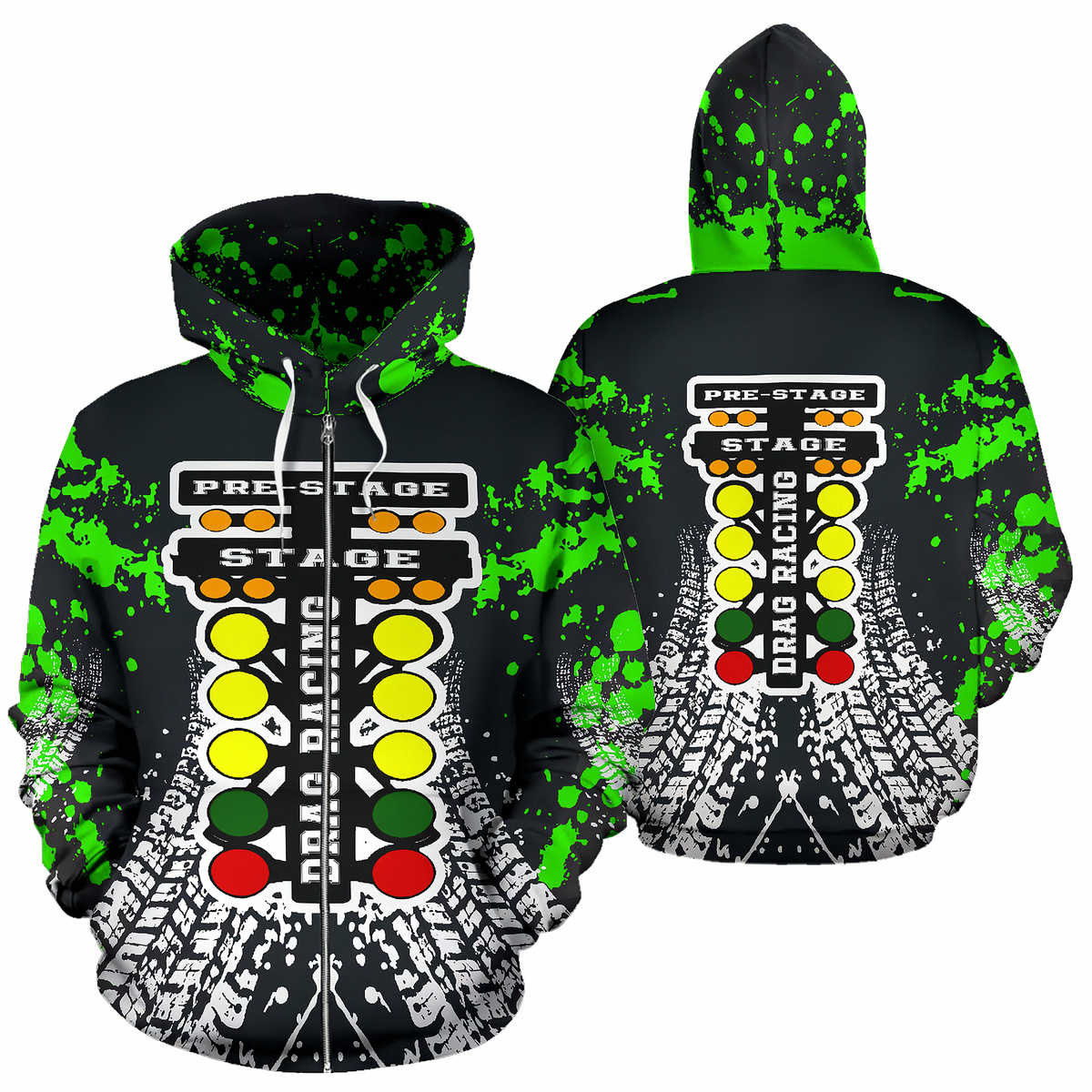 Front and back views of a black pullover hoodie featuring a drag racing theme with neon green splatter graphics, a yellow, green, and red light sequence graphic, and white tire-track style patterns near the hem.