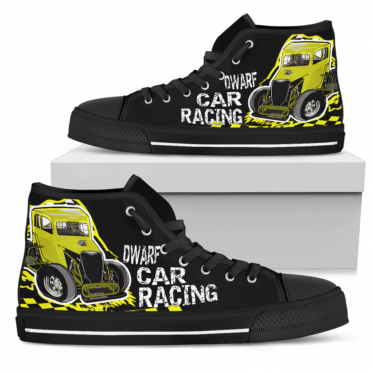 A pair of black high-top sneakers with a yellow and white 'Dwarf Car Racing' graphic print, displayed on a white box against a white background.