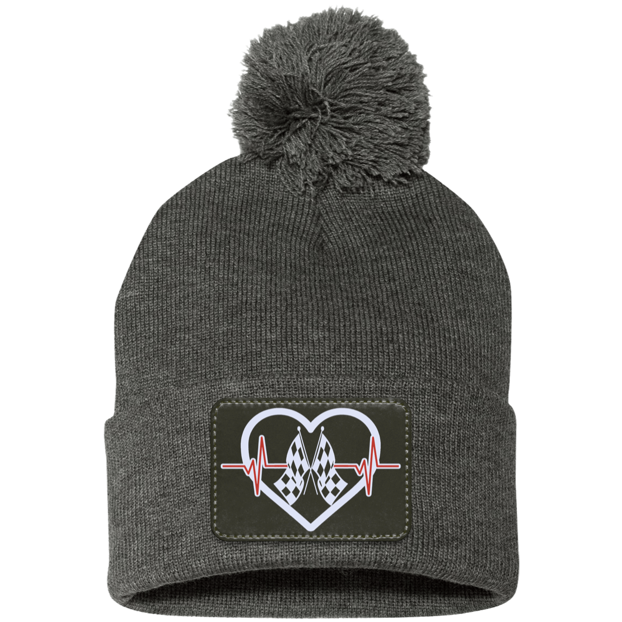 Racing Heartbeat Patched Pom Pom Knit Cap