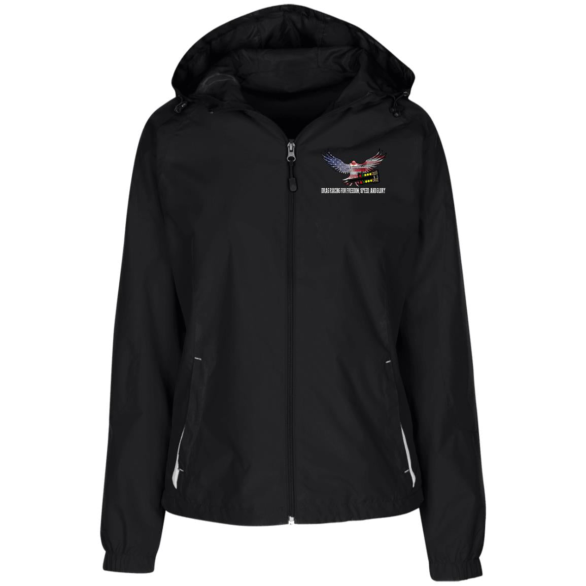 Drag Racing for Freedom, Speed, and Glory Ladies' Jersey-Lined Hooded Windbreaker