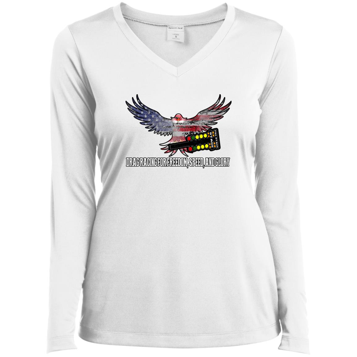 Drag Racing for Freedom, Speed, and Glory Ladies’ Long Sleeve Performance V-Neck Tee