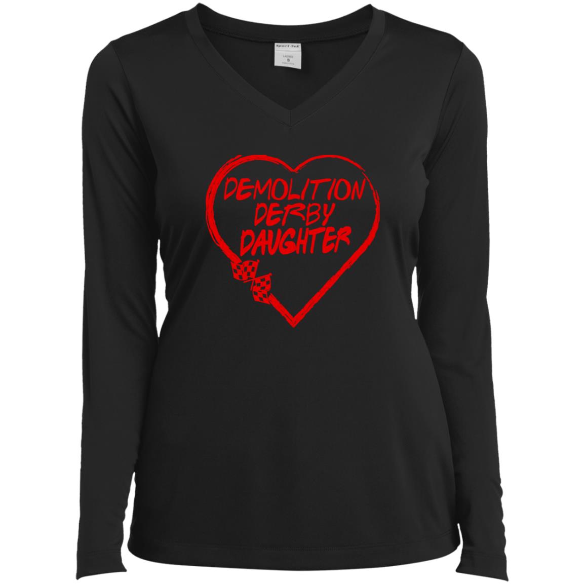 Demolition Derby Daughter Heart Ladies’ Long Sleeve Performance V-Neck Tee