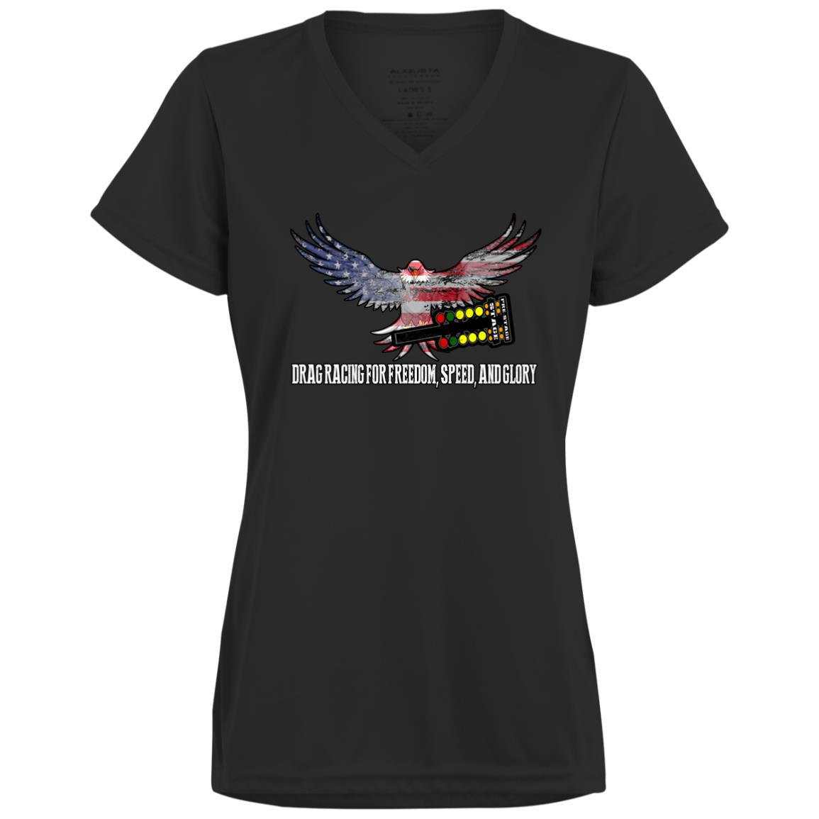 Drag Racing for Freedom, Speed, and Glory Ladies’ Moisture-Wicking V-Neck Tee