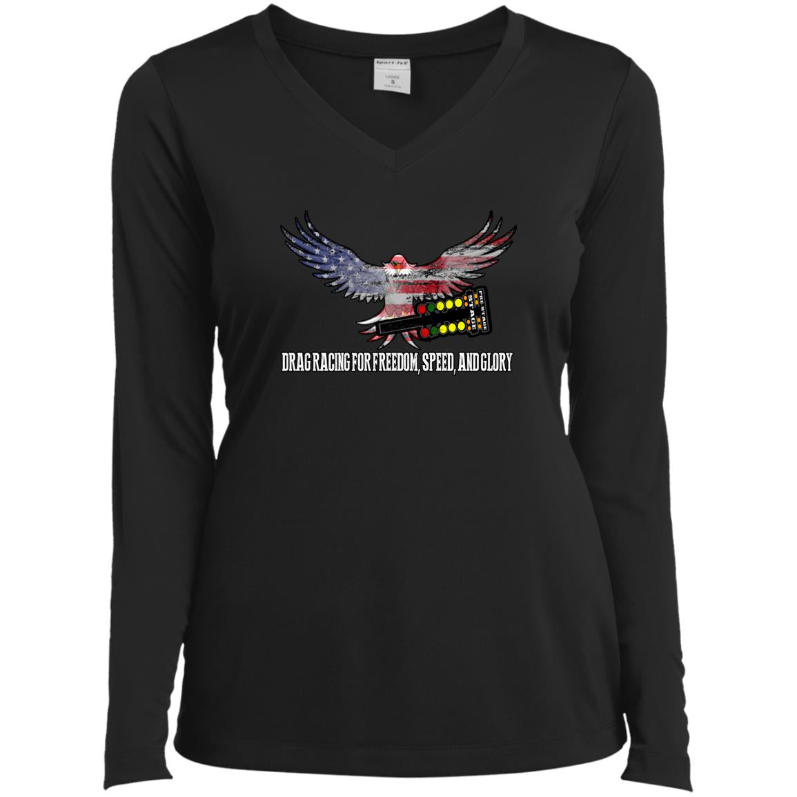 Drag Racing for Freedom, Speed, and Glory Ladies’ Long Sleeve Performance V-Neck Tee