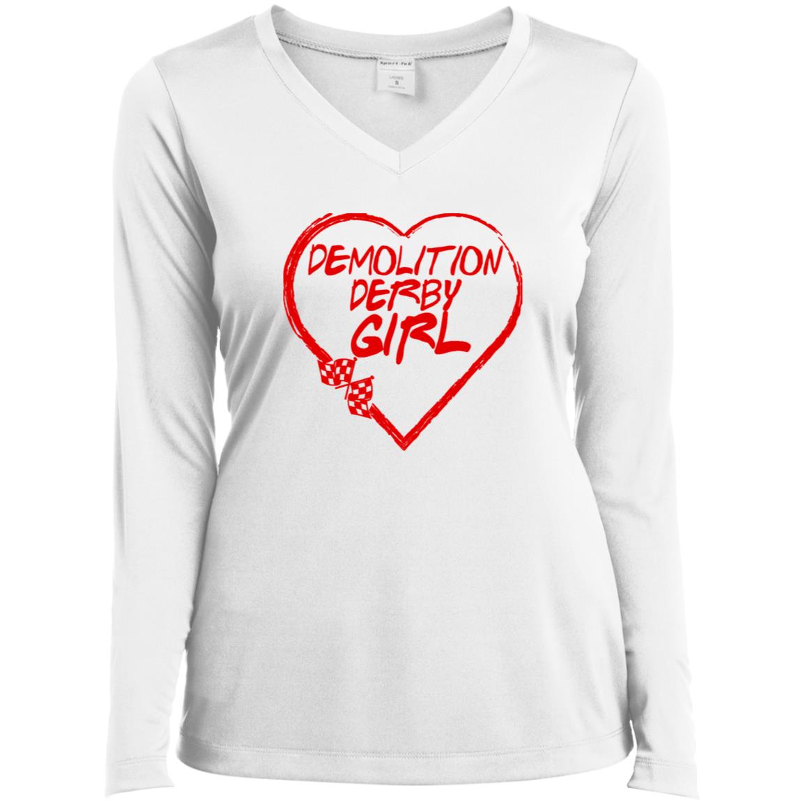 Demolition Derby Girl Heart Ladies’ Long Sleeve Performance V-Neck Tee