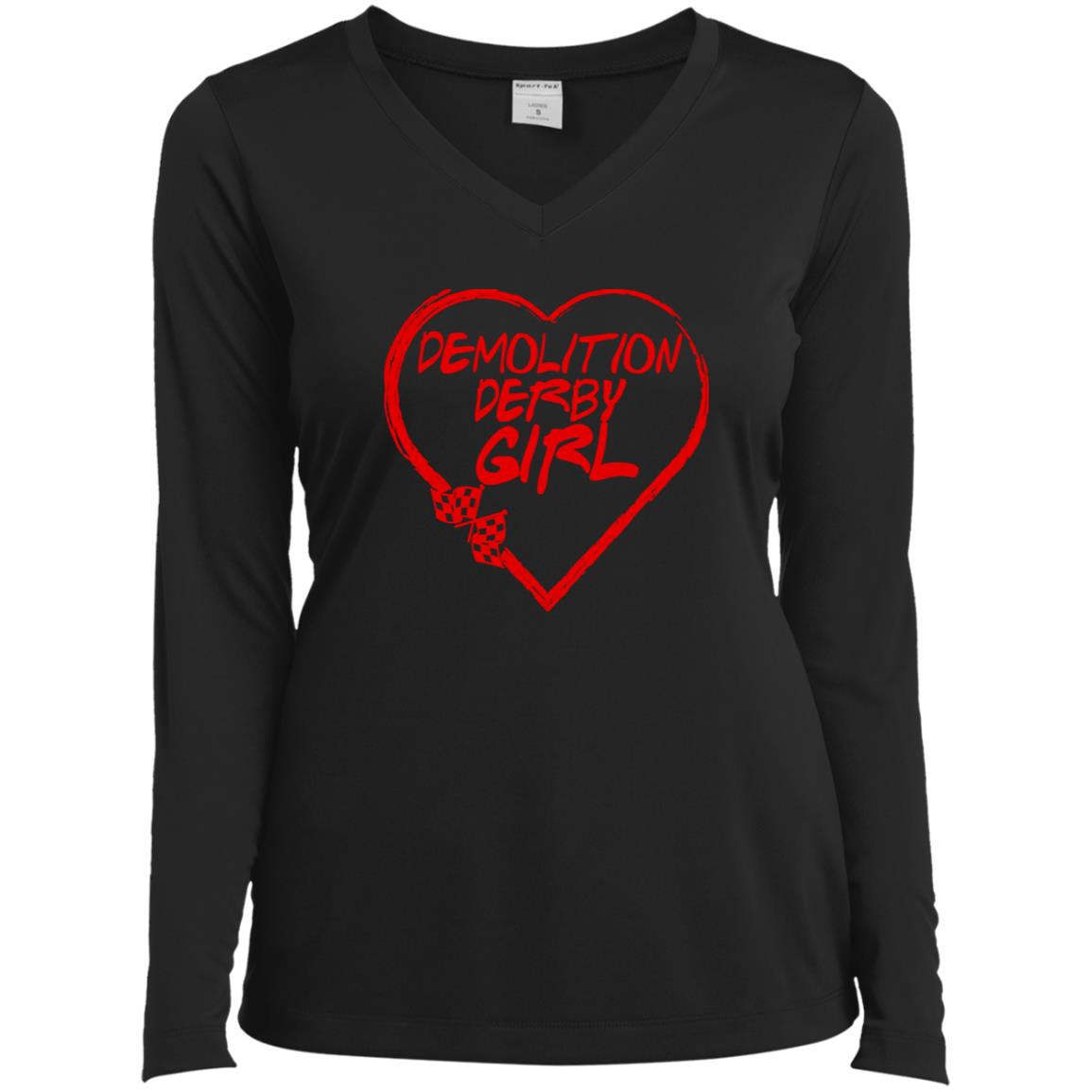 Demolition Derby Girl Heart Ladies’ Long Sleeve Performance V-Neck Tee