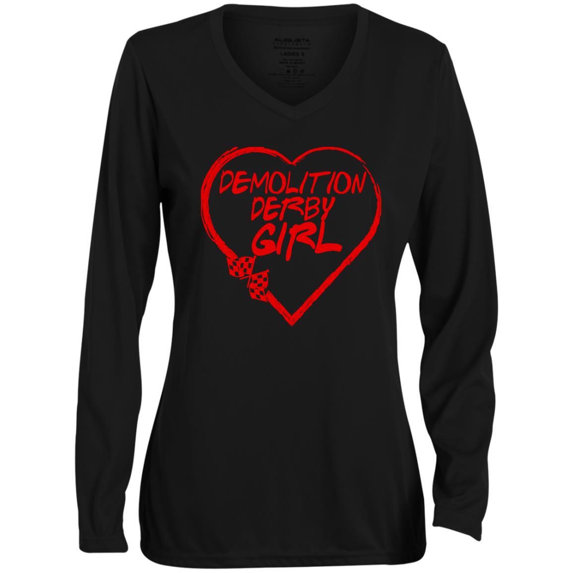 Demolition Derby Girl Heart Ladies' Moisture-Wicking Long Sleeve V-Neck Tee