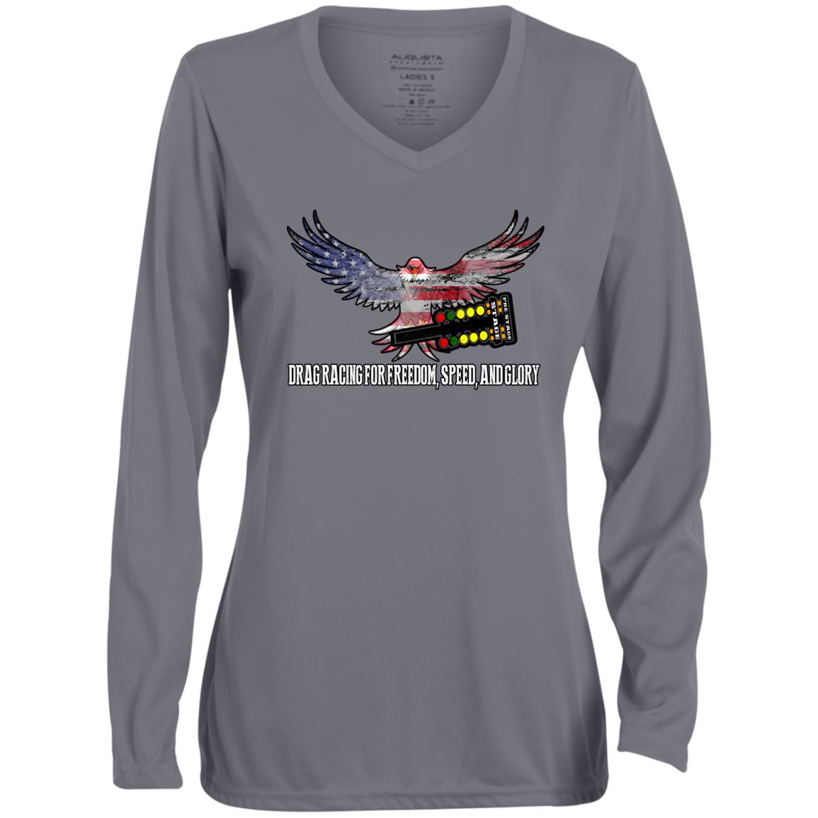 Drag Racing for Freedom, Speed, and Glory Ladies' Moisture-Wicking Long Sleeve V-Neck Tee