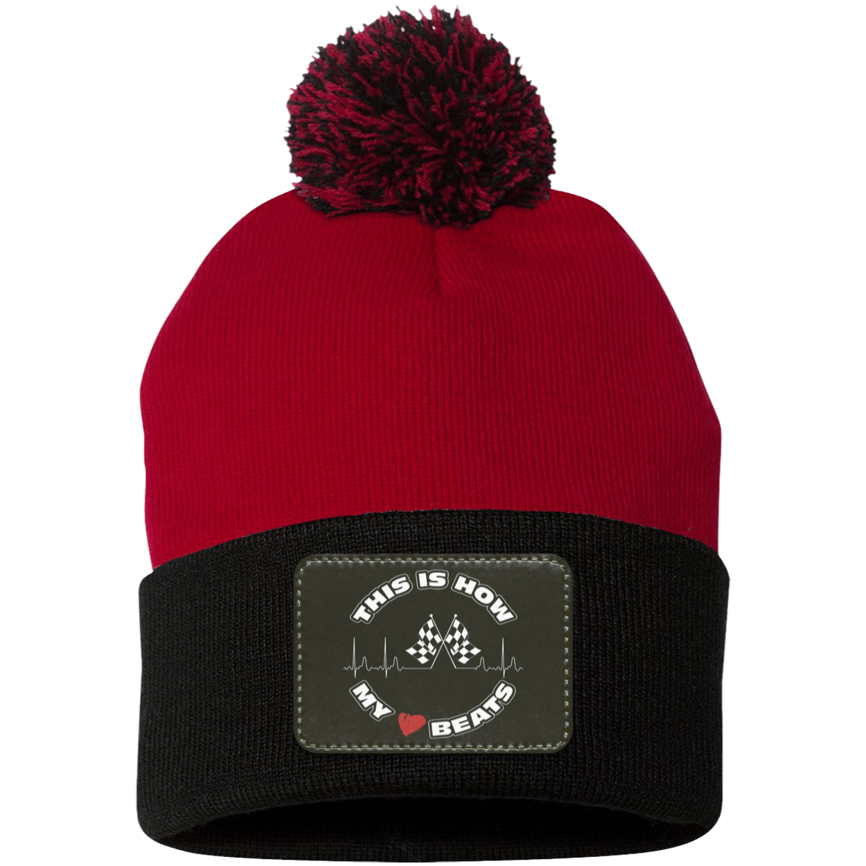 This Is How My Heart Beats Racing Patched Pom Pom Knit Cap