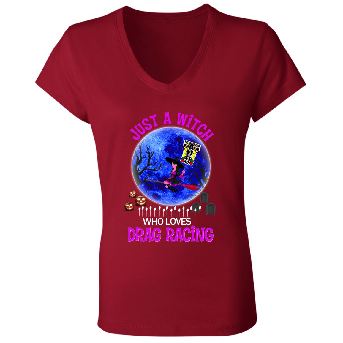 Just A Witch Who Loves Drag Racing Ladies' Jersey V-Neck T-Shirt