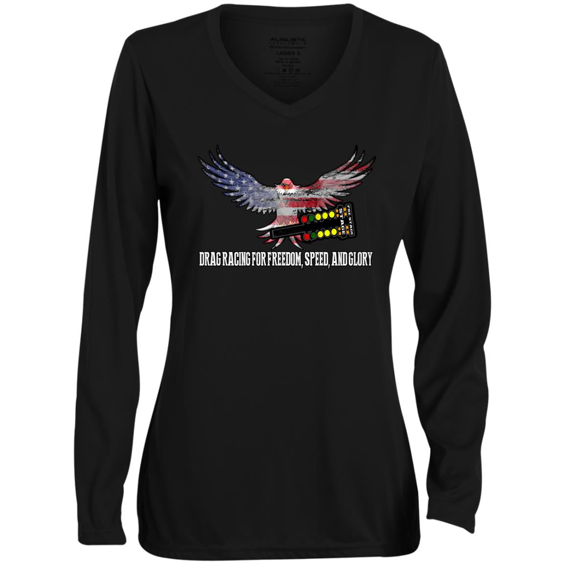 Drag Racing for Freedom, Speed, and Glory Ladies' Moisture-Wicking Long Sleeve V-Neck Tee