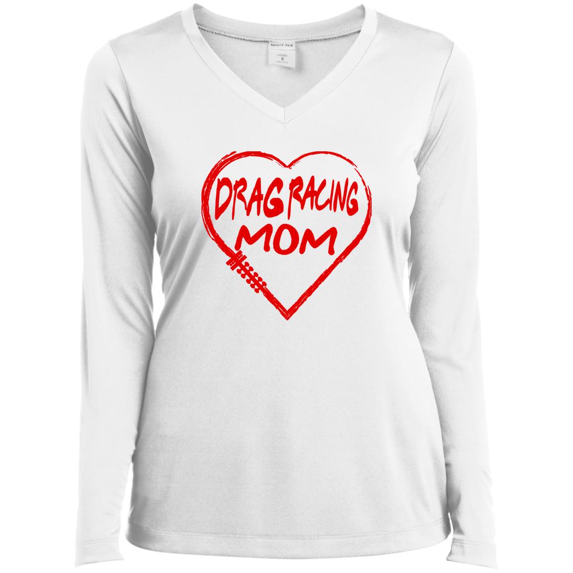 Drag Racing Mom Heart Ladies’ Long Sleeve Performance V-Neck Tee
