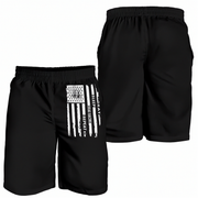 Black athletic shorts shown from the front and back on a white background. The front view features a distressed white American flag graphic with vertical text reading 'EAT SLEEP DRAG RACING REPEAT'.