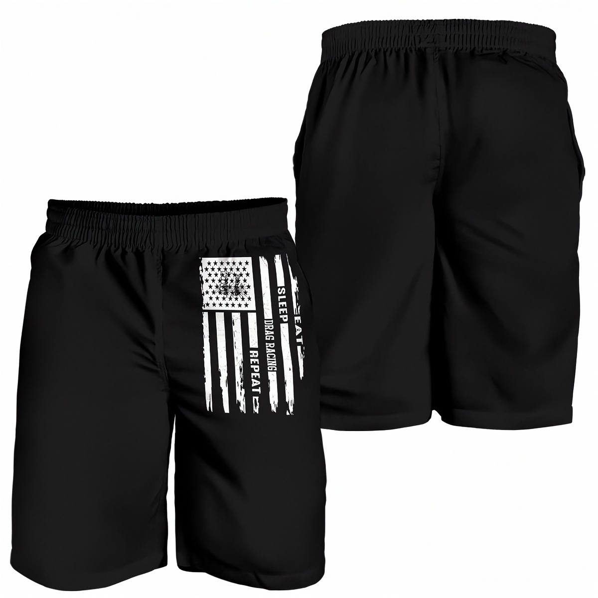 Black athletic shorts shown from the front and back on a white background. The front view features a distressed white American flag graphic with vertical text reading 'EAT SLEEP DRAG RACING REPEAT'.