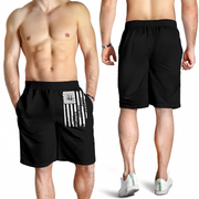 Black athletic shorts shown on a male model from the front and back. The front view shows a white distressed American flag graphic on the left side of the shorts with the text 'EAT SLEEP DRAG RACING REPEAT' printed vertically.