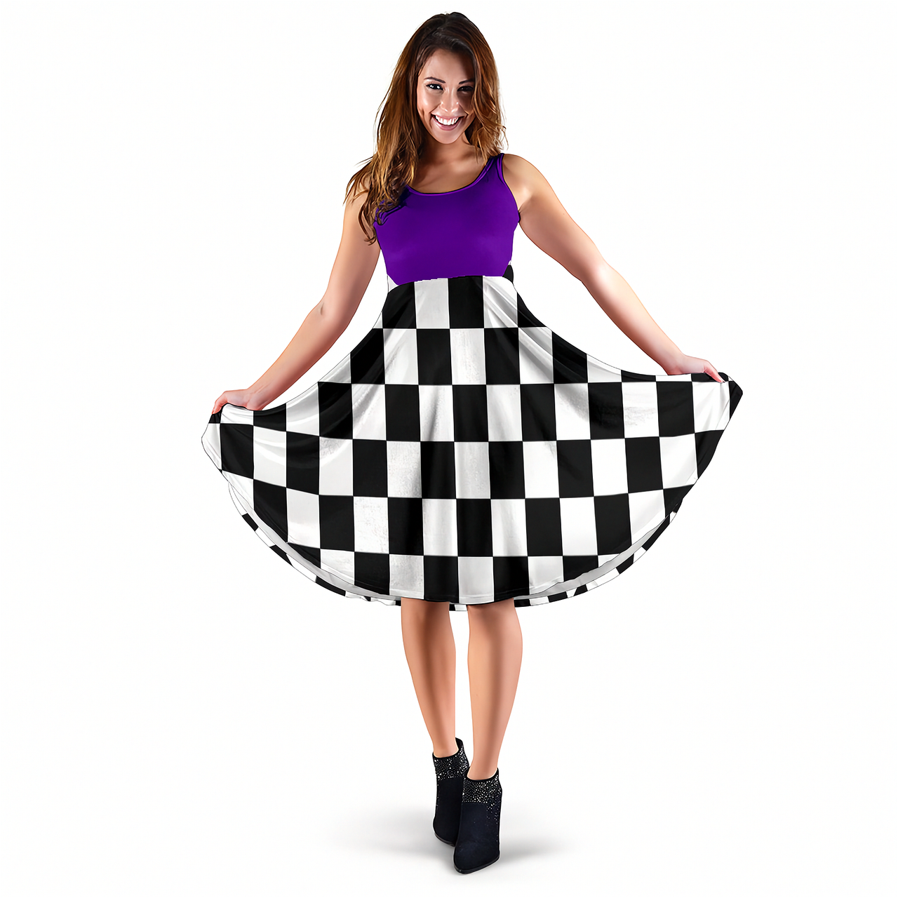 Elegant mixed purple racing checkered flag dress for women, featuring a high-cut neckline and hidden pockets for trackside style.
