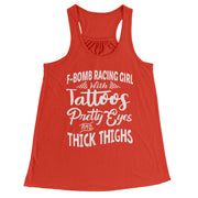 F-Bomb Racing Girl With Tattoos Pretty Eyes And Thick Thighs Tank Tops