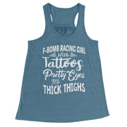 F-Bomb Racing Girl With Tattoos Pretty Eyes And Thick Thighs Tank Tops