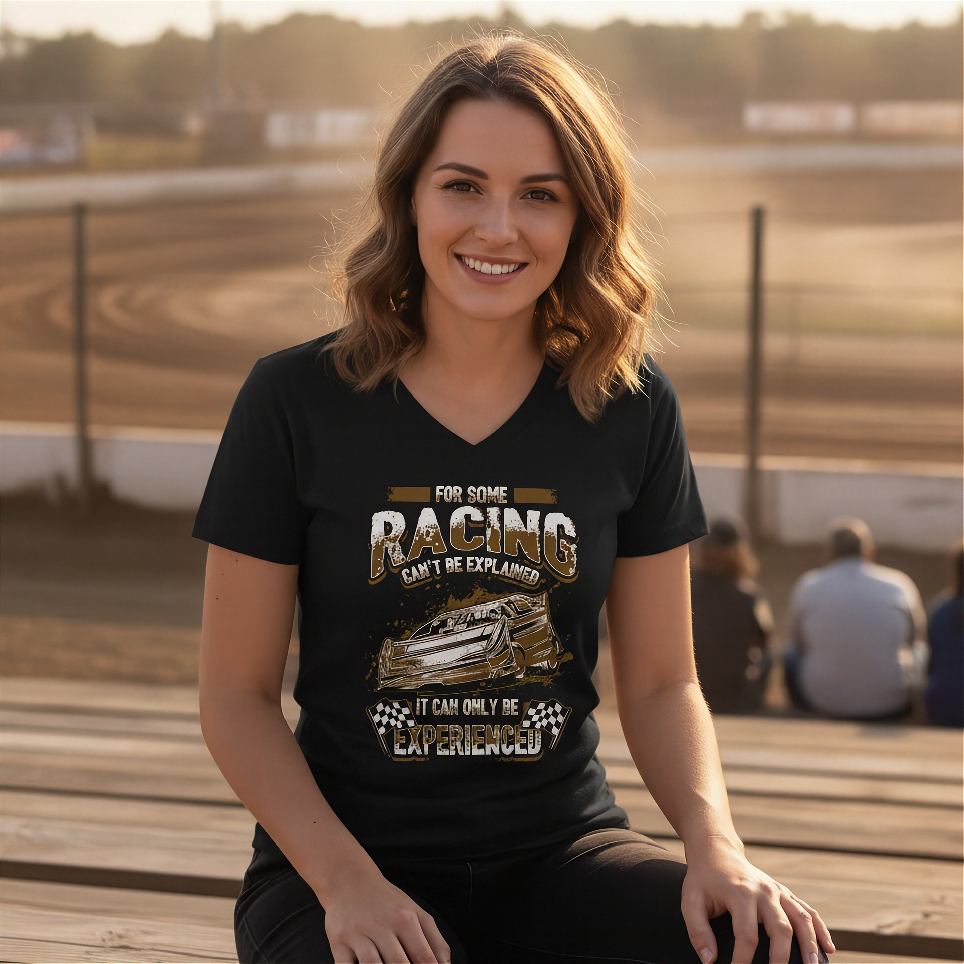Woman wearing a black t-shirt with racing graphic and text at a race track.