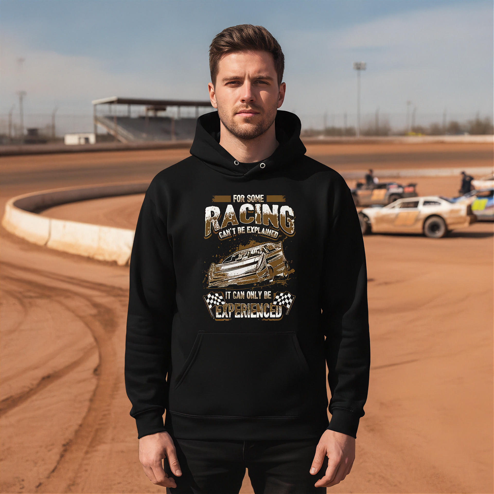 Man wearing a black hoodie with dirt late model racing-themed design on a race track.